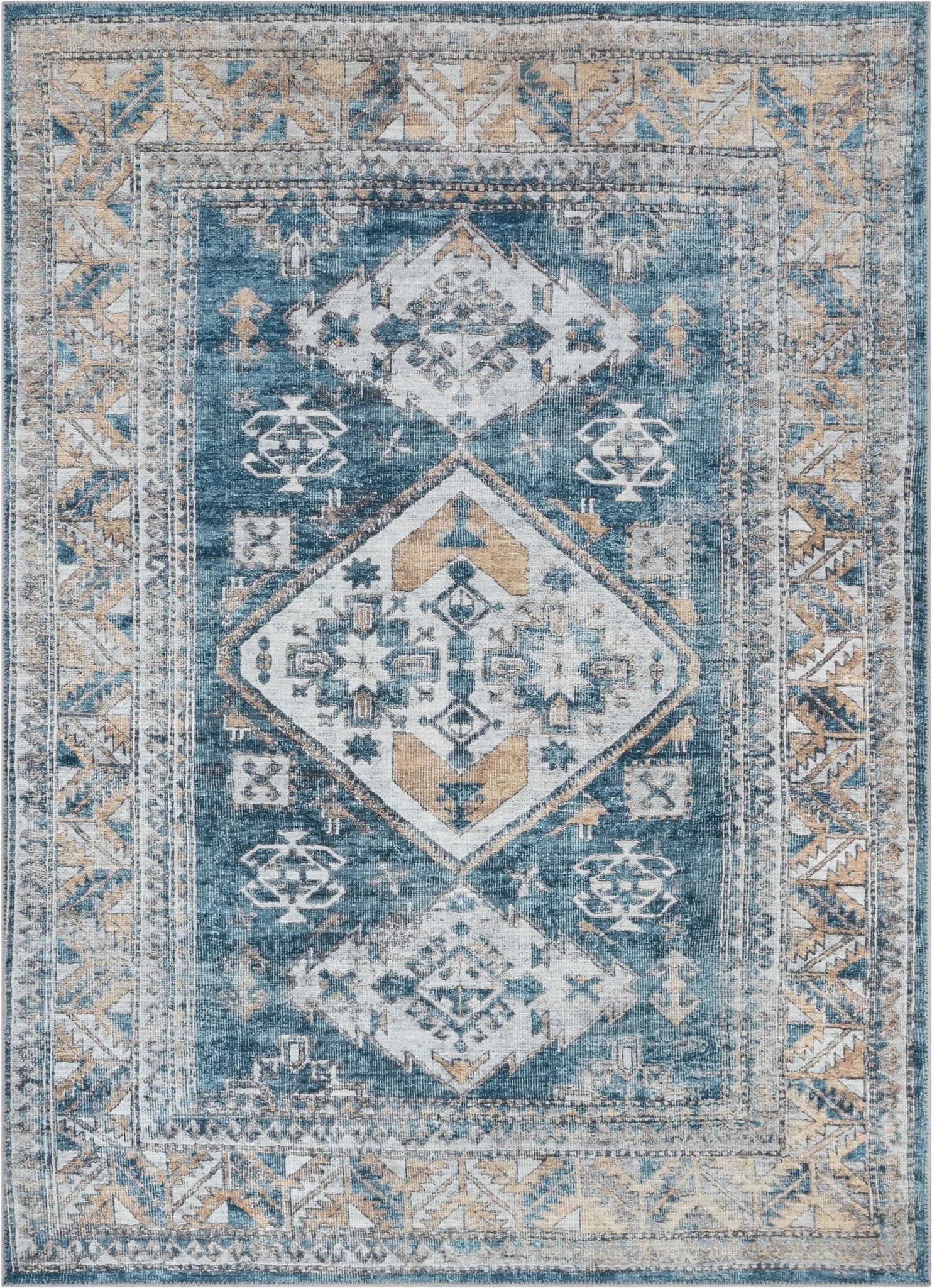 Habra Machine Washable Vintage Medallion Oriental Light Blue Flat-Weave Distressed Rug Well Woven