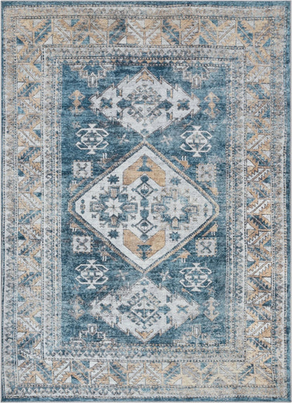 Habra Machine Washable Vintage Medallion Oriental Light Blue Flat-Weave Distressed Rug Well Woven