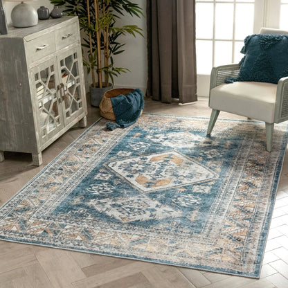 Habra Machine Washable Vintage Medallion Oriental Light Blue Flat-Weave Distressed Rug Well Woven