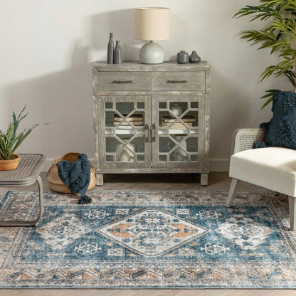 Habra Machine Washable Vintage Medallion Oriental Light Blue Flat-Weave Distressed Rug Well Woven