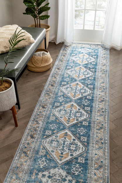 Habra Machine Washable Vintage Medallion Oriental Light Blue Flat-Weave Distressed Rug Well Woven
