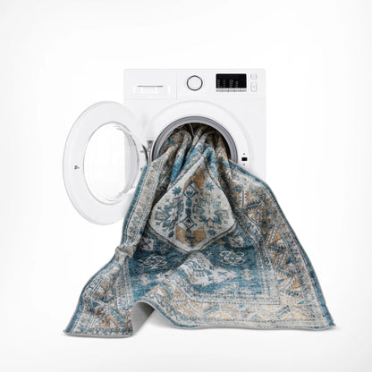 Habra Machine Washable Vintage Medallion Oriental Light Blue Flat-Weave Distressed Rug Well Woven