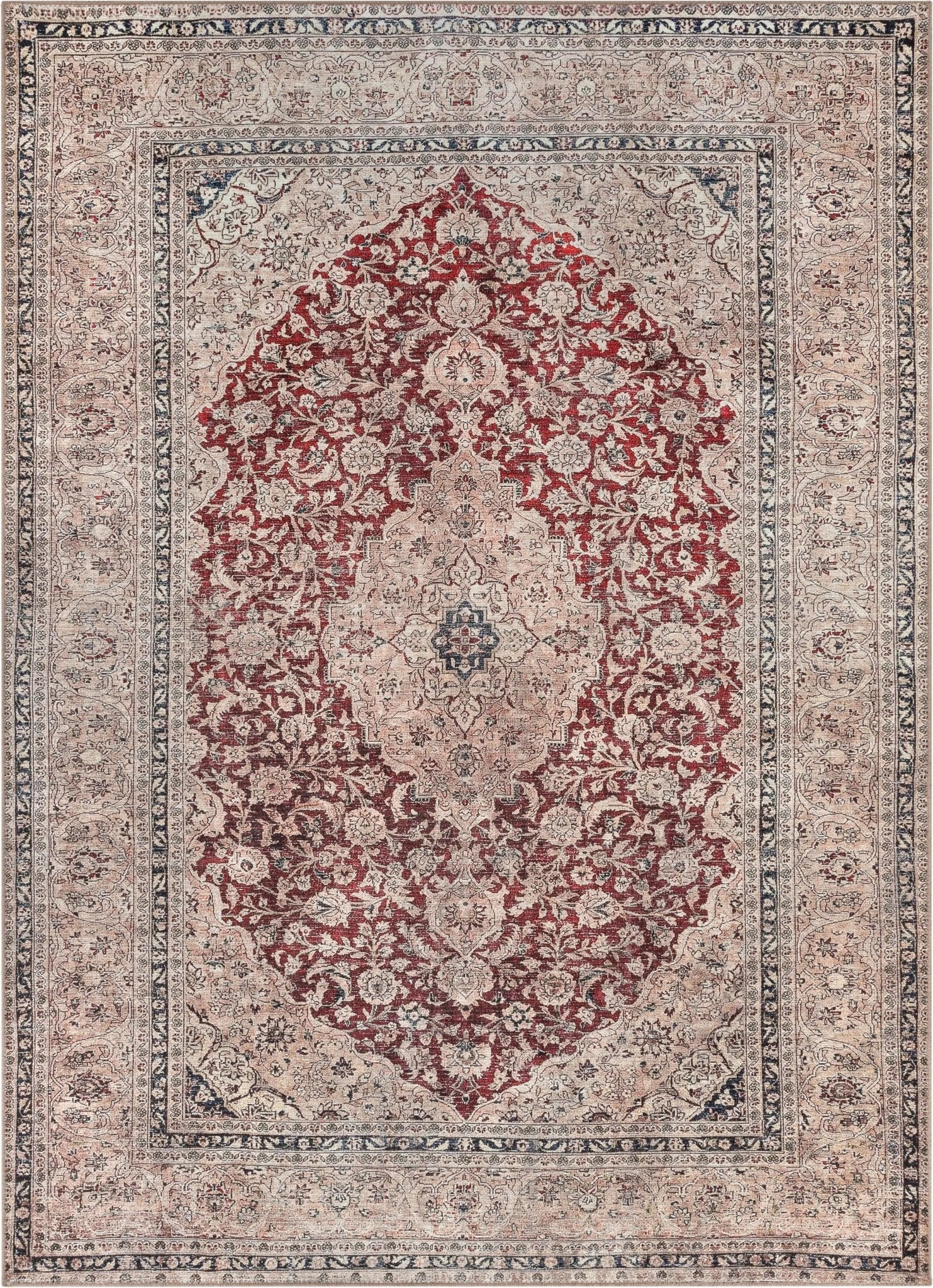 Tonti Machine Washable Vintage Medallion Oriental Red Flat-Weave Distressed Rug Well Woven