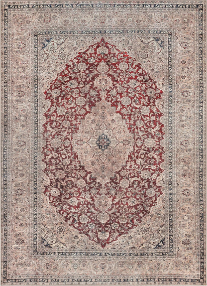 Tonti Machine Washable Vintage Medallion Oriental Red Flat-Weave Distressed Rug Well Woven