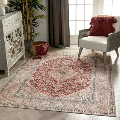 Tonti Machine Washable Vintage Medallion Oriental Red Flat-Weave Distressed Rug Well Woven