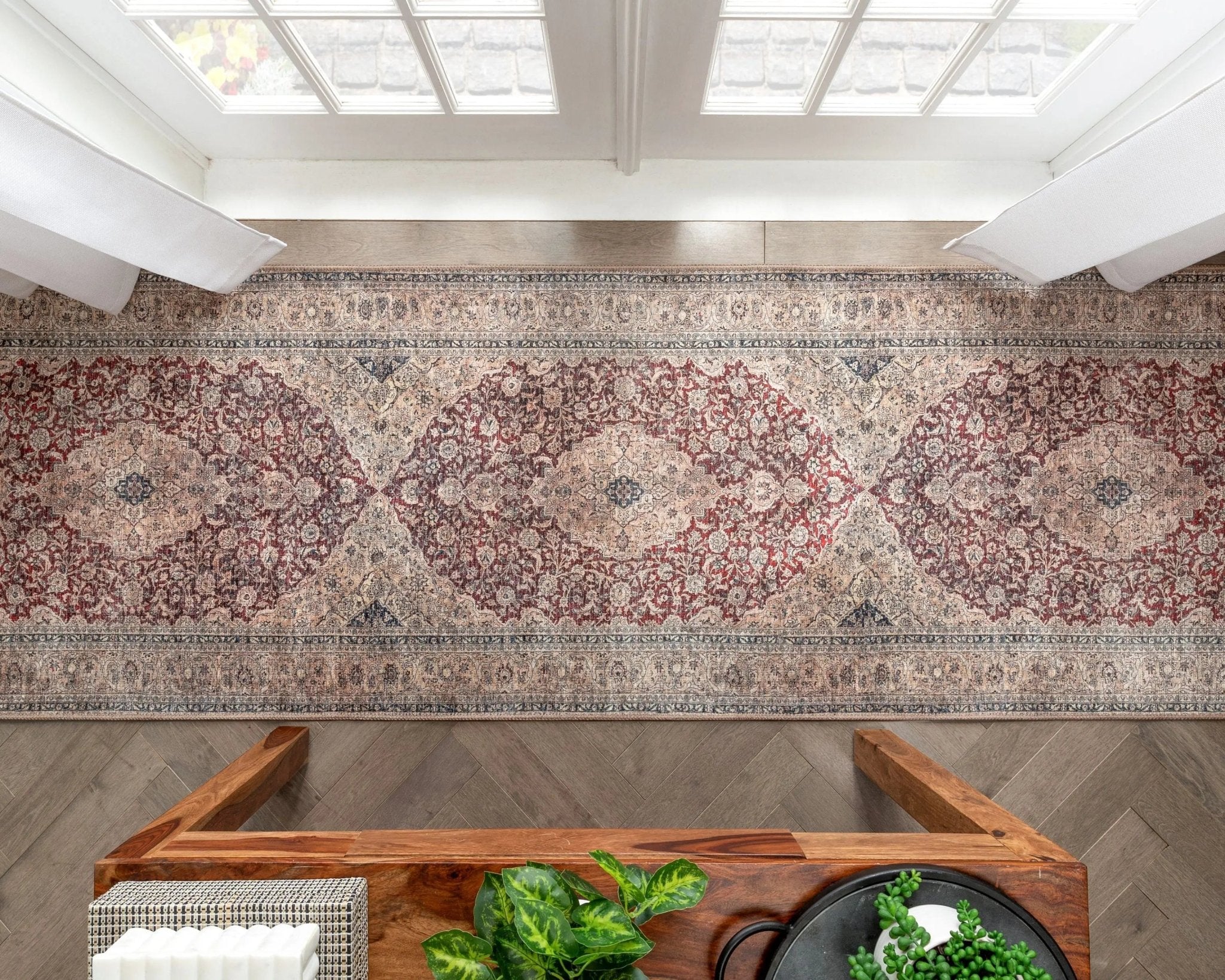 Tonti Machine Washable Vintage Medallion Oriental Red Flat-Weave Distressed Rug Well Woven