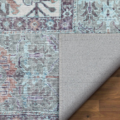 Macon Machine Washable Vintage  Medallion Botanical Border Beige Flat-Weave Distressed 5'3" x 7'3" Rug Well Woven