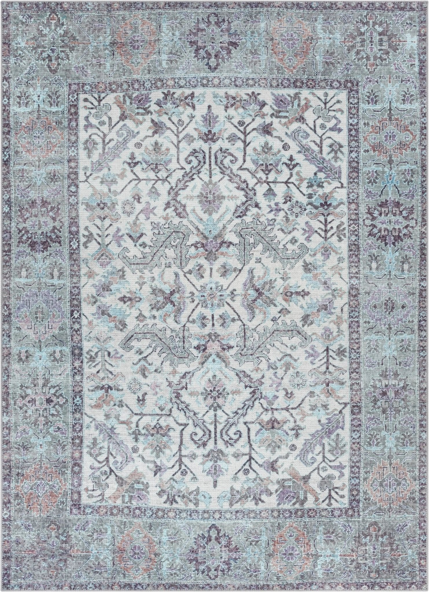 Macon Machine Washable Vintage  Medallion Botanical Border Beige Flat-Weave Distressed 5'3" x 7'3" Rug Well Woven