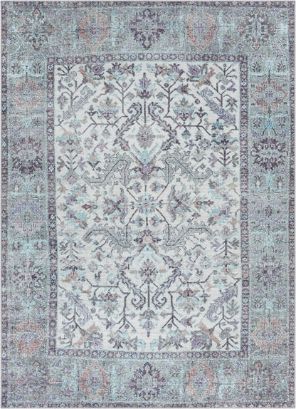 Macon Machine Washable Vintage  Medallion Botanical Border Beige Flat-Weave Distressed 5'3" x 7'3" Rug Well Woven