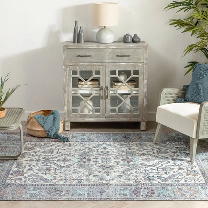 Macon Machine Washable Vintage  Medallion Botanical Border Beige Flat-Weave Distressed 5'3" x 7'3" Rug Well Woven