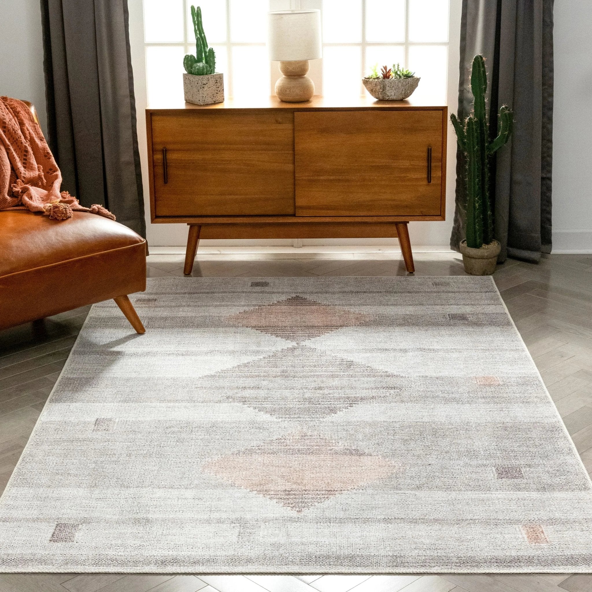 Argonne Machine Washable Vintage Southwestern Diamond Pattern Grey Flat-Weave Distressed Rug Well Woven