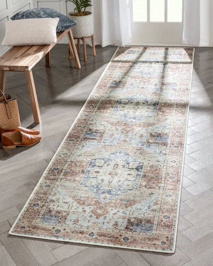Binita Machine Washable Vintage Medallion Oriental Ivory Rust Flat-Weave Rug Well Woven