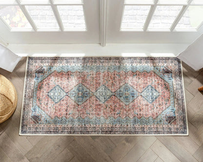 Menda Machine Washable Vintage Bohemian Meallion Oriental Light Blue Flat-Weave Distressed Rug Well Woven