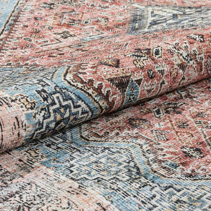 Menda Machine Washable Vintage Bohemian Meallion Oriental Light Blue Flat-Weave Distressed Rug Well Woven