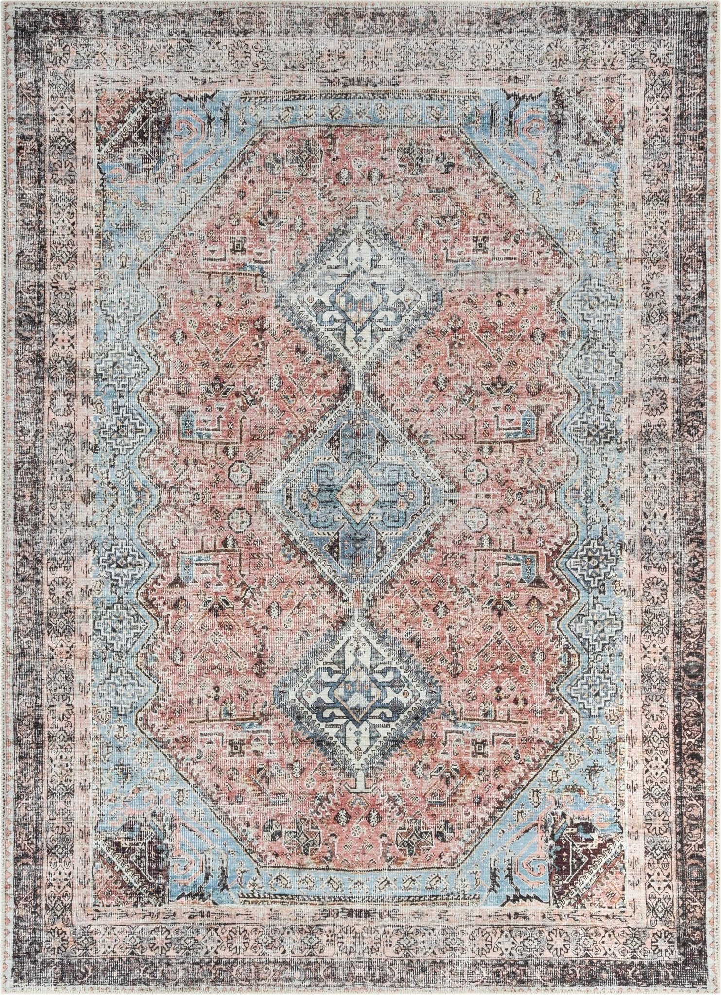 Menda Machine Washable Vintage Bohemian Meallion Oriental Light Blue Flat-Weave Distressed Rug Well Woven