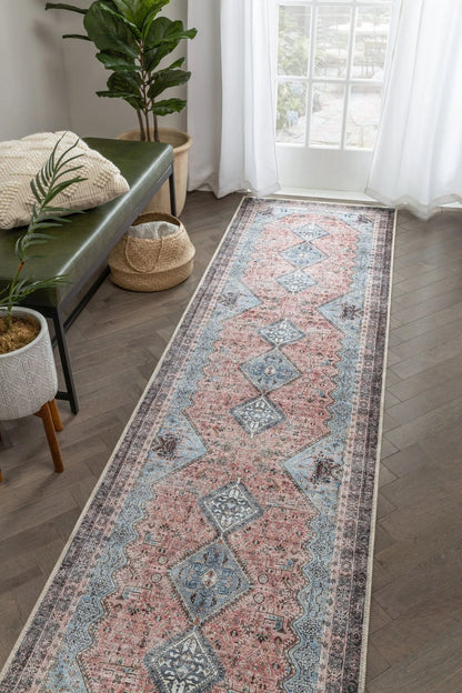 Menda Machine Washable Vintage Bohemian Meallion Oriental Light Blue Flat-Weave Distressed Rug Well Woven