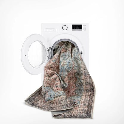 Menda Machine Washable Vintage Bohemian Meallion Oriental Light Blue Flat-Weave Distressed Rug Well Woven