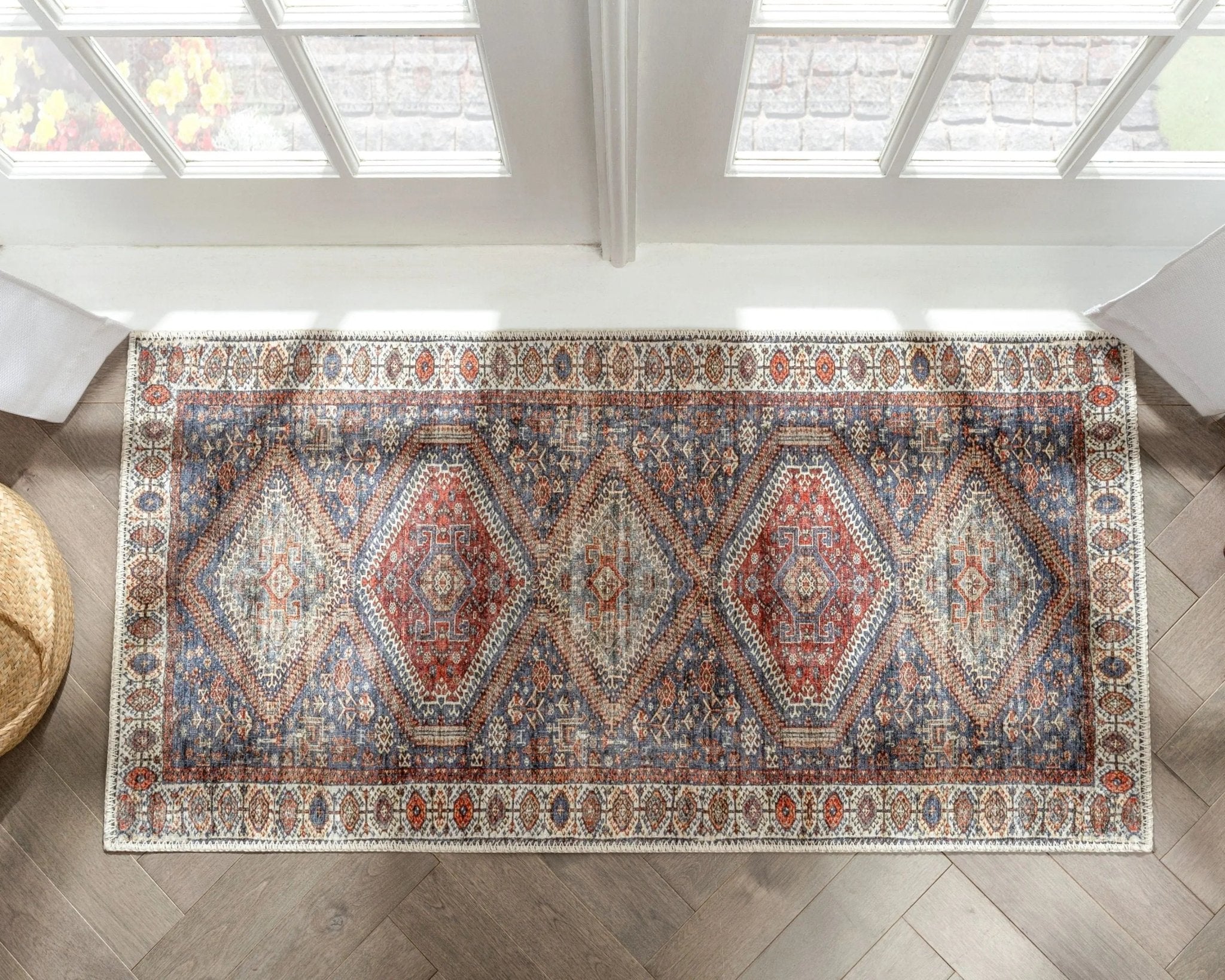 Ripon Machine Washable Vintage Medallion Botanical Border Blue Red Flat-Weave Distressed Rug Well Woven