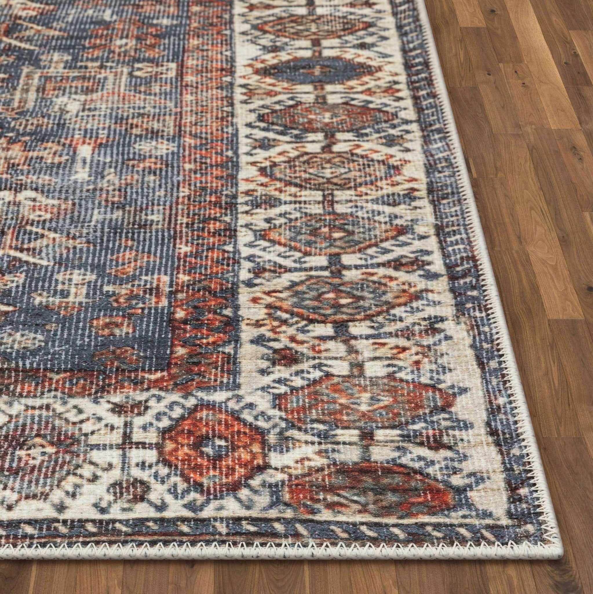 Ripon Machine Washable Vintage Medallion Botanical Border Blue Red Flat-Weave Distressed Rug Well Woven