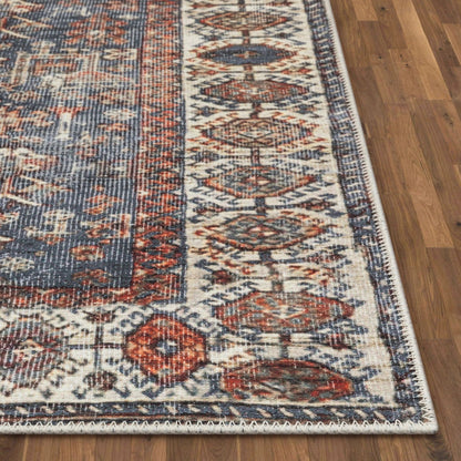 Ripon Machine Washable Vintage Medallion Botanical Border Blue Red Flat-Weave Distressed Rug Well Woven