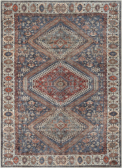 Ripon Machine Washable Vintage Medallion Botanical Border Blue Red Flat-Weave Distressed Rug Well Woven