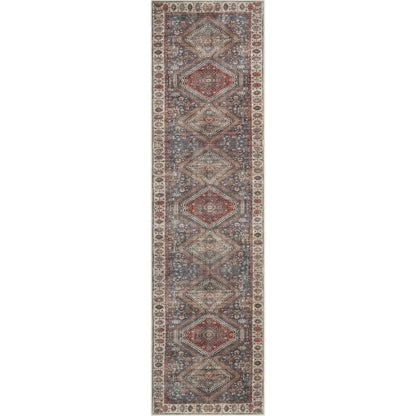 Ripon Machine Washable Vintage Medallion Botanical Border Blue Red Flat-Weave Distressed Rug Well Woven