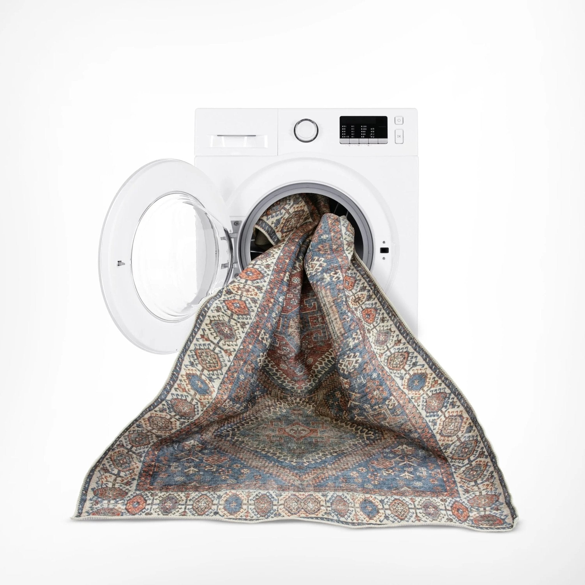 Ripon Machine Washable Vintage Medallion Botanical Border Blue Red Flat-Weave Distressed Rug Well Woven