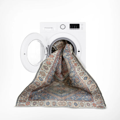 Ripon Machine Washable Vintage Medallion Botanical Border Blue Red Flat-Weave Distressed Rug Well Woven