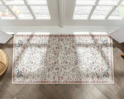 Pomona Machine Washable Vintage Medallion Botanical Border Ivory Flat-Weave Distressed Rug Well Woven