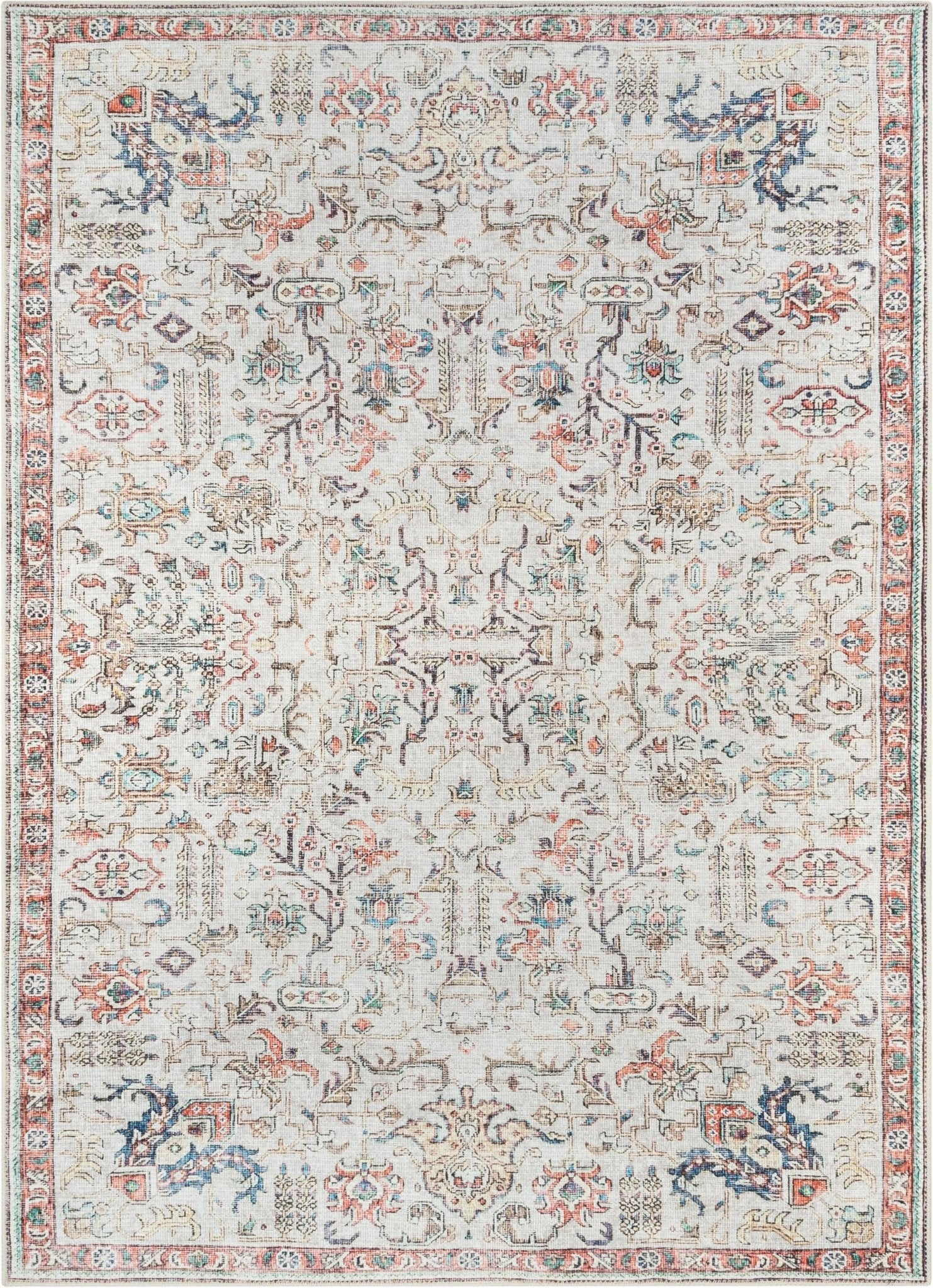 Pomona Machine Washable Vintage Medallion Botanical Border Ivory Flat-Weave Distressed Rug Well Woven