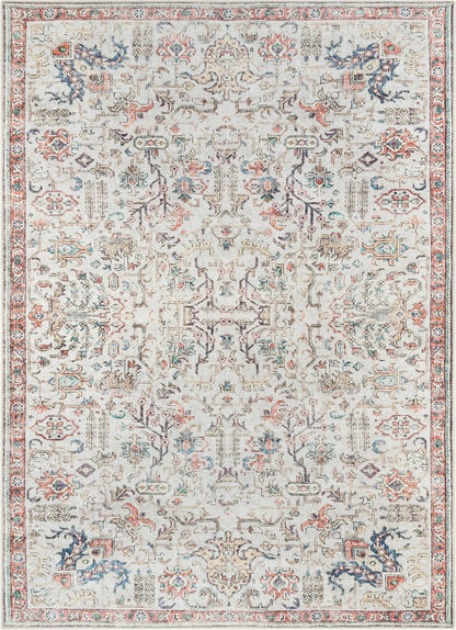 Pomona Machine Washable Vintage Medallion Botanical Border Ivory Flat-Weave Distressed Rug Well Woven