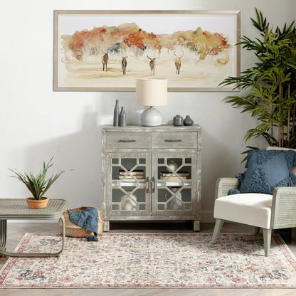 Pomona Machine Washable Vintage Medallion Botanical Border Ivory Flat-Weave Distressed Rug Well Woven