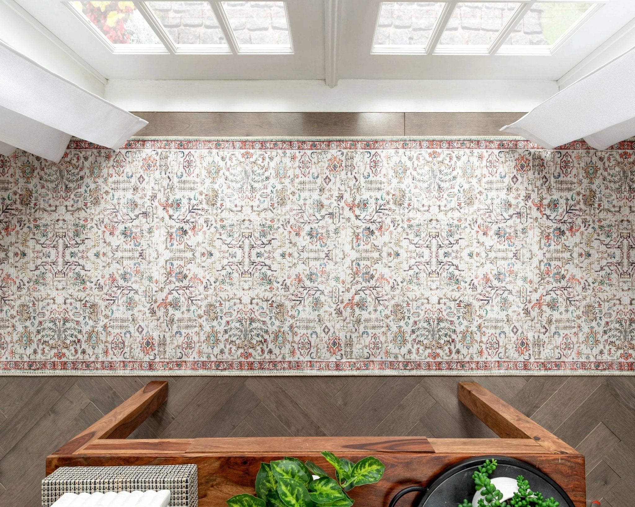 Pomona Machine Washable Vintage Medallion Botanical Border Ivory Flat-Weave Distressed Rug Well Woven