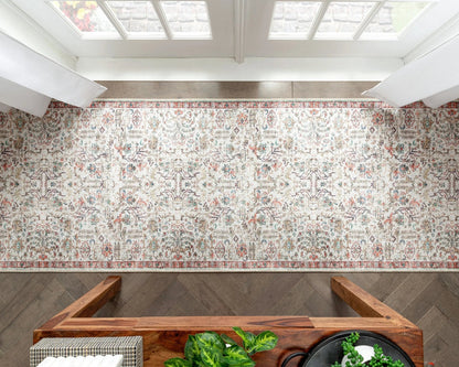 Pomona Machine Washable Vintage Medallion Botanical Border Ivory Flat-Weave Distressed Rug Well Woven