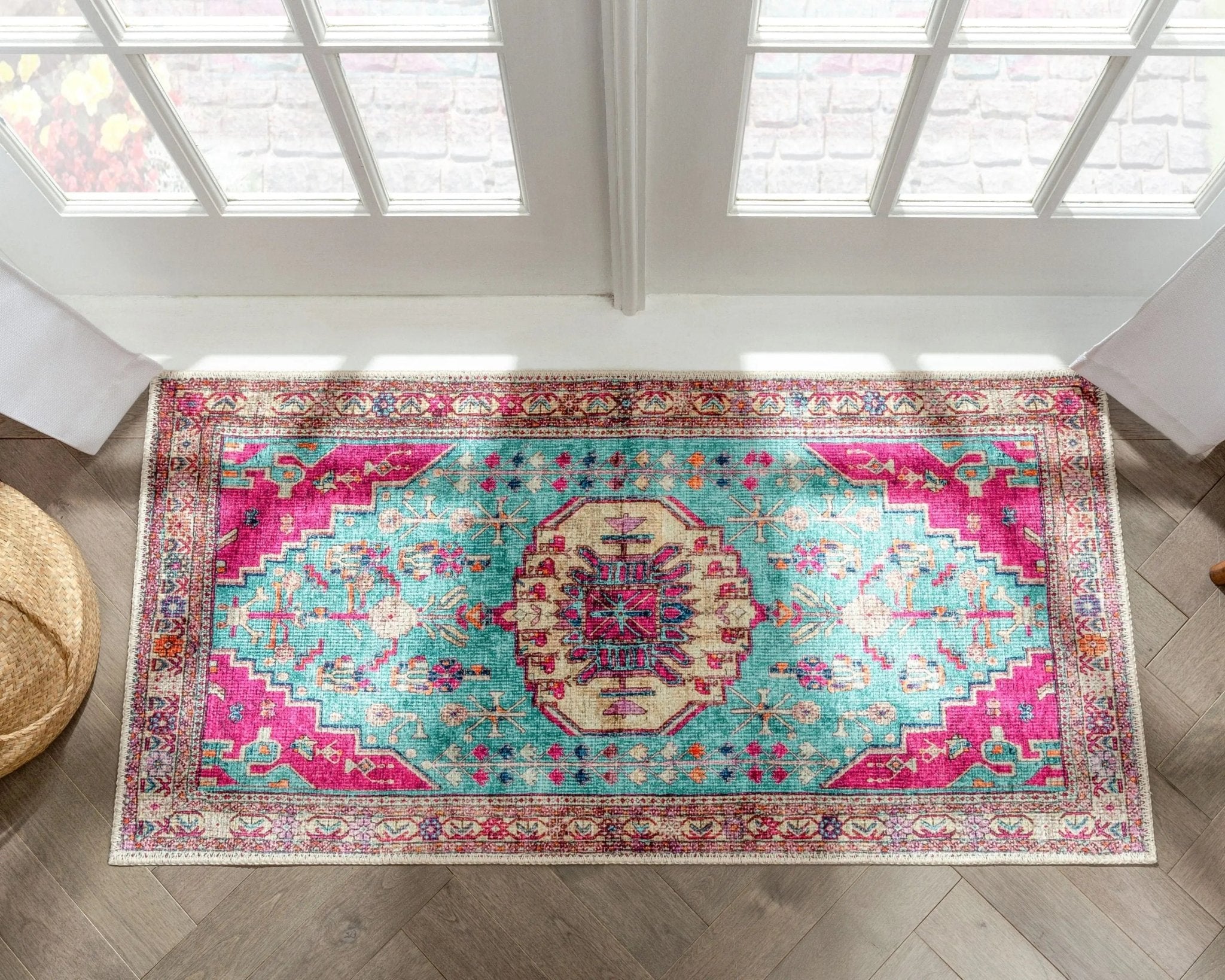 Shasta Machine Washable Vintage Bohemian Medallion Persian Blush Turquoise Flat-Weave Distressed Rug Well Woven