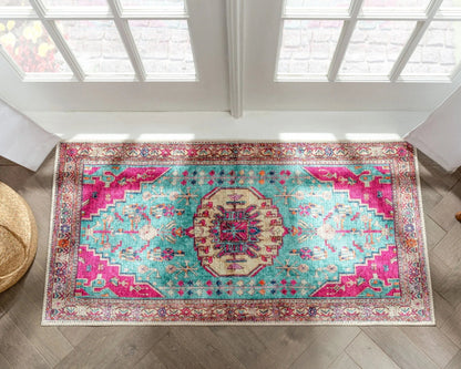 Shasta Machine Washable Vintage Bohemian Medallion Persian Blush Turquoise Flat-Weave Distressed Rug Well Woven