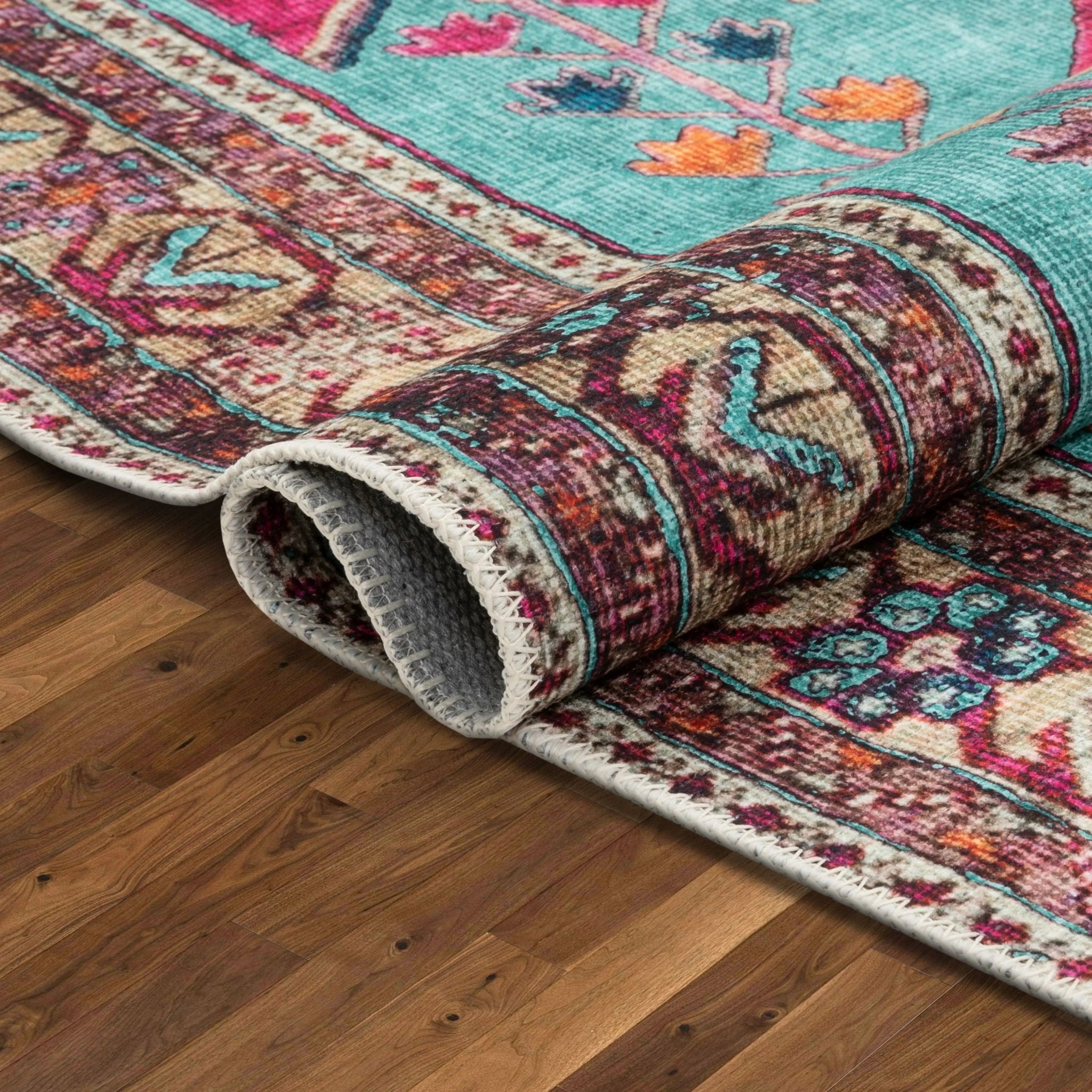 Shasta Machine Washable Vintage Bohemian Medallion Persian Blush Turquoise Flat-Weave Distressed Rug Well Woven