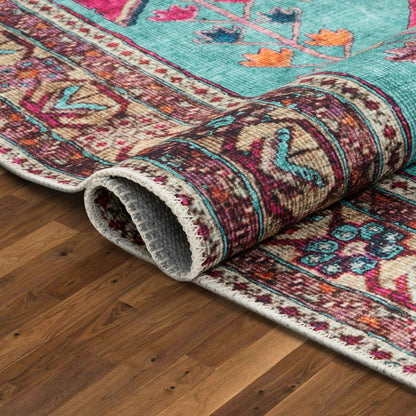 Shasta Machine Washable Vintage Bohemian Medallion Persian Blush Turquoise Flat-Weave Distressed Rug Well Woven
