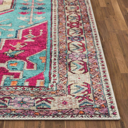 Shasta Machine Washable Vintage Bohemian Medallion Persian Blush Turquoise Flat-Weave Distressed Rug Well Woven