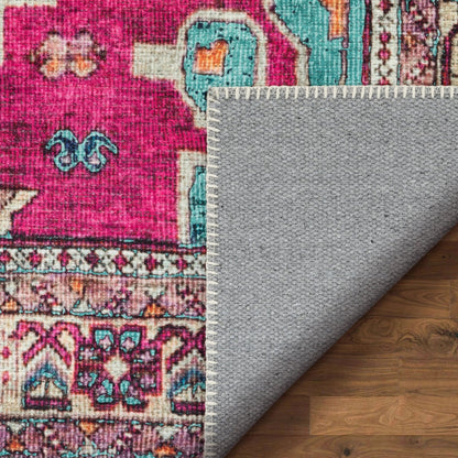 Shasta Machine Washable Vintage Bohemian Medallion Persian Blush Turquoise Flat-Weave Distressed Rug Well Woven