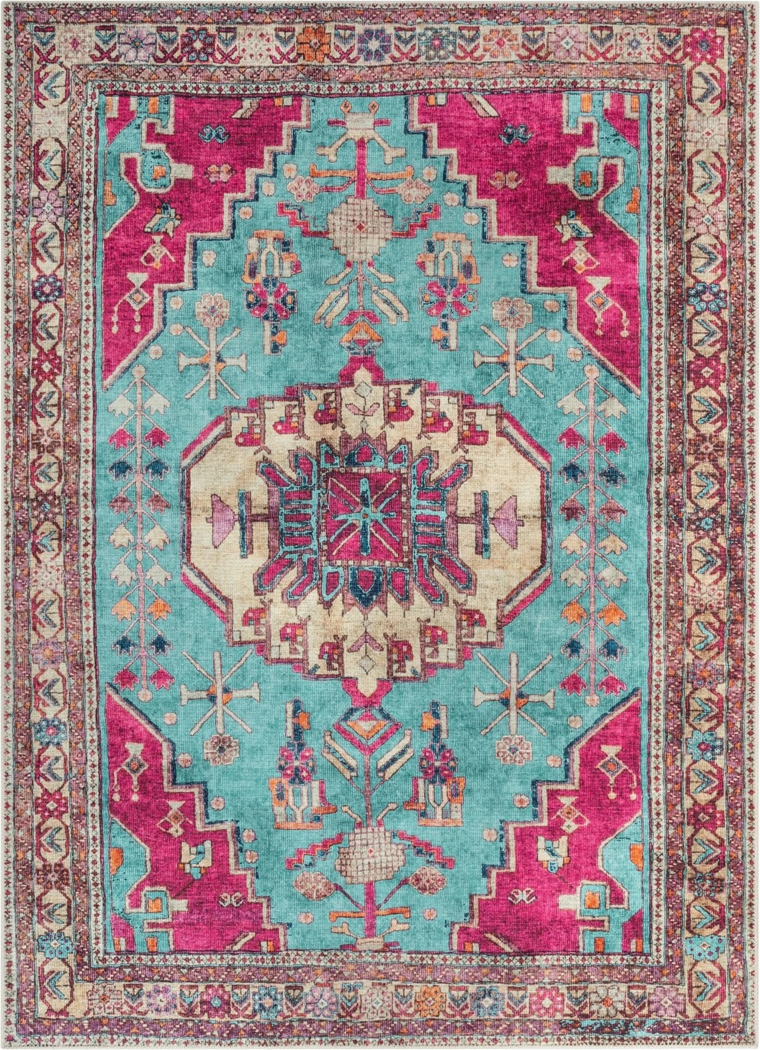 Shasta Machine Washable Vintage Bohemian Medallion Persian Blush Turquoise Flat-Weave Distressed Rug Well Woven