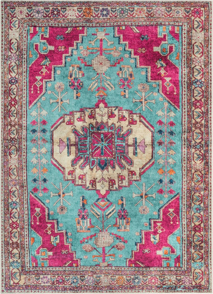Shasta Machine Washable Vintage Bohemian Medallion Persian Blush Turquoise Flat-Weave Distressed Rug Well Woven