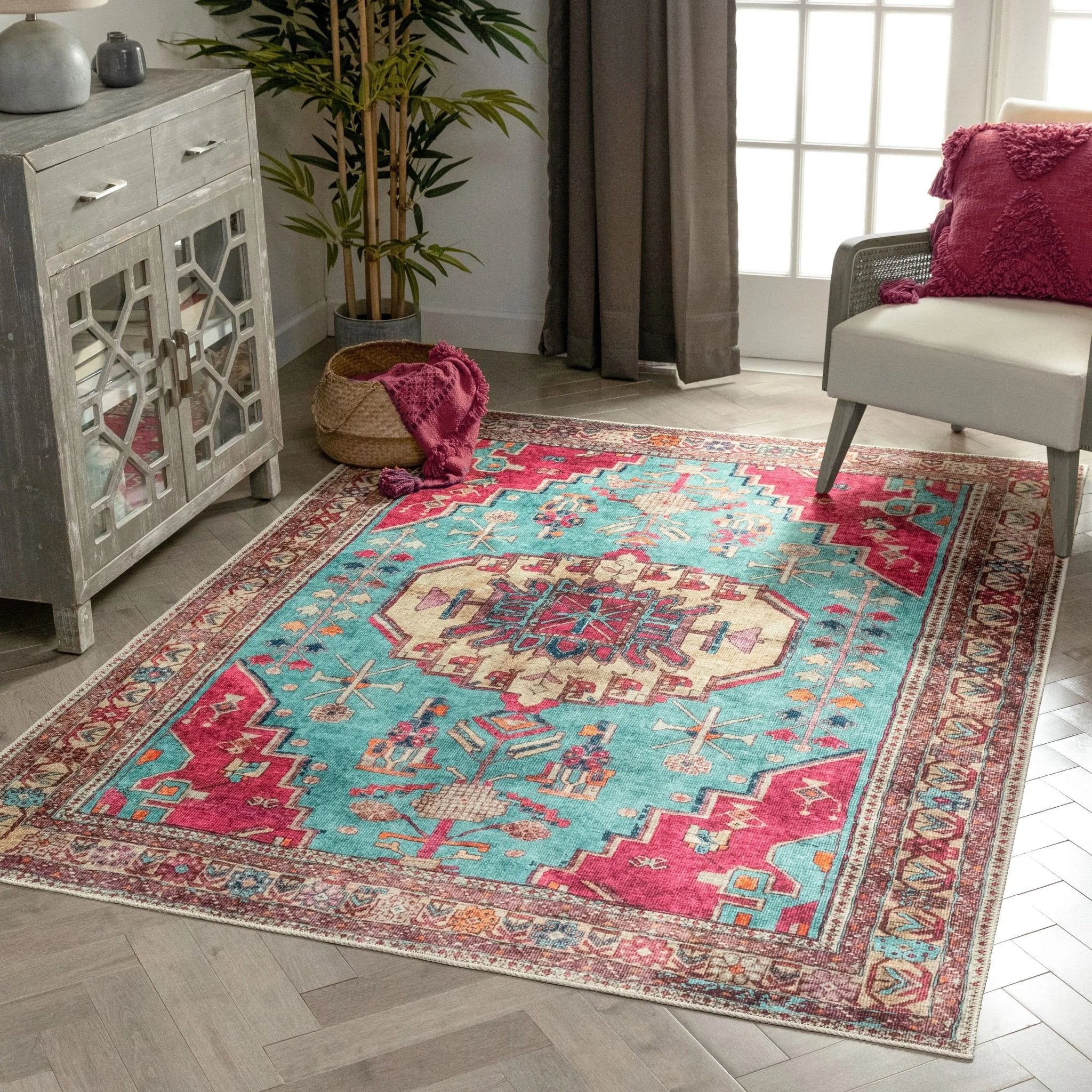 Shasta Machine Washable Vintage Bohemian Medallion Persian Blush Turquoise Flat-Weave Distressed Rug Well Woven