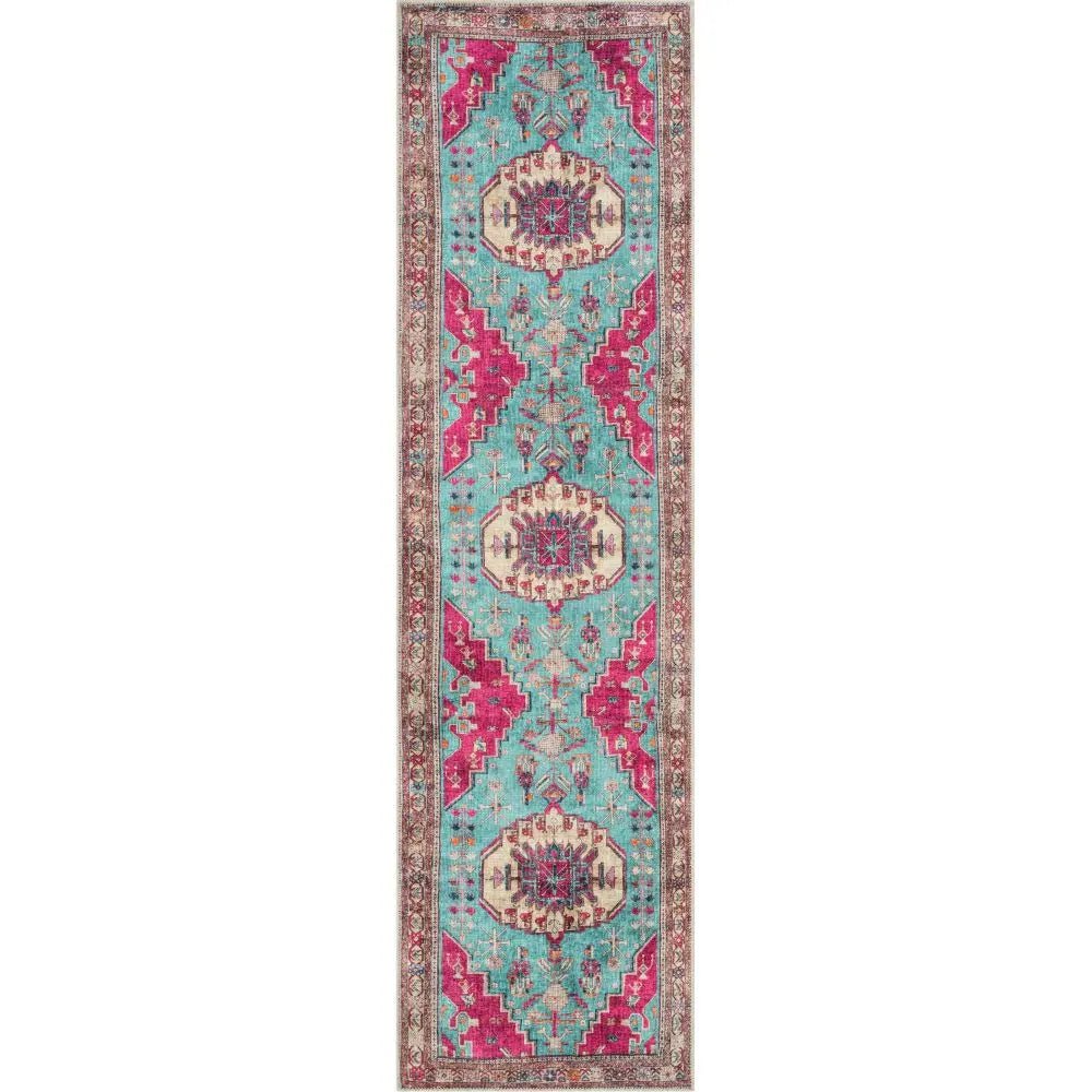 Shasta Machine Washable Vintage Bohemian Medallion Persian Blush Turquoise Flat-Weave Distressed Rug Well Woven