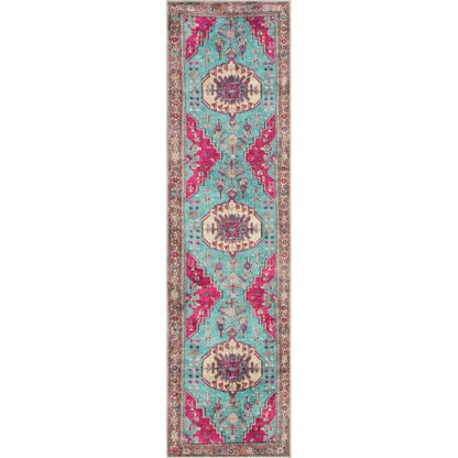 Shasta Machine Washable Vintage Bohemian Medallion Persian Blush Turquoise Flat-Weave Distressed Rug Well Woven