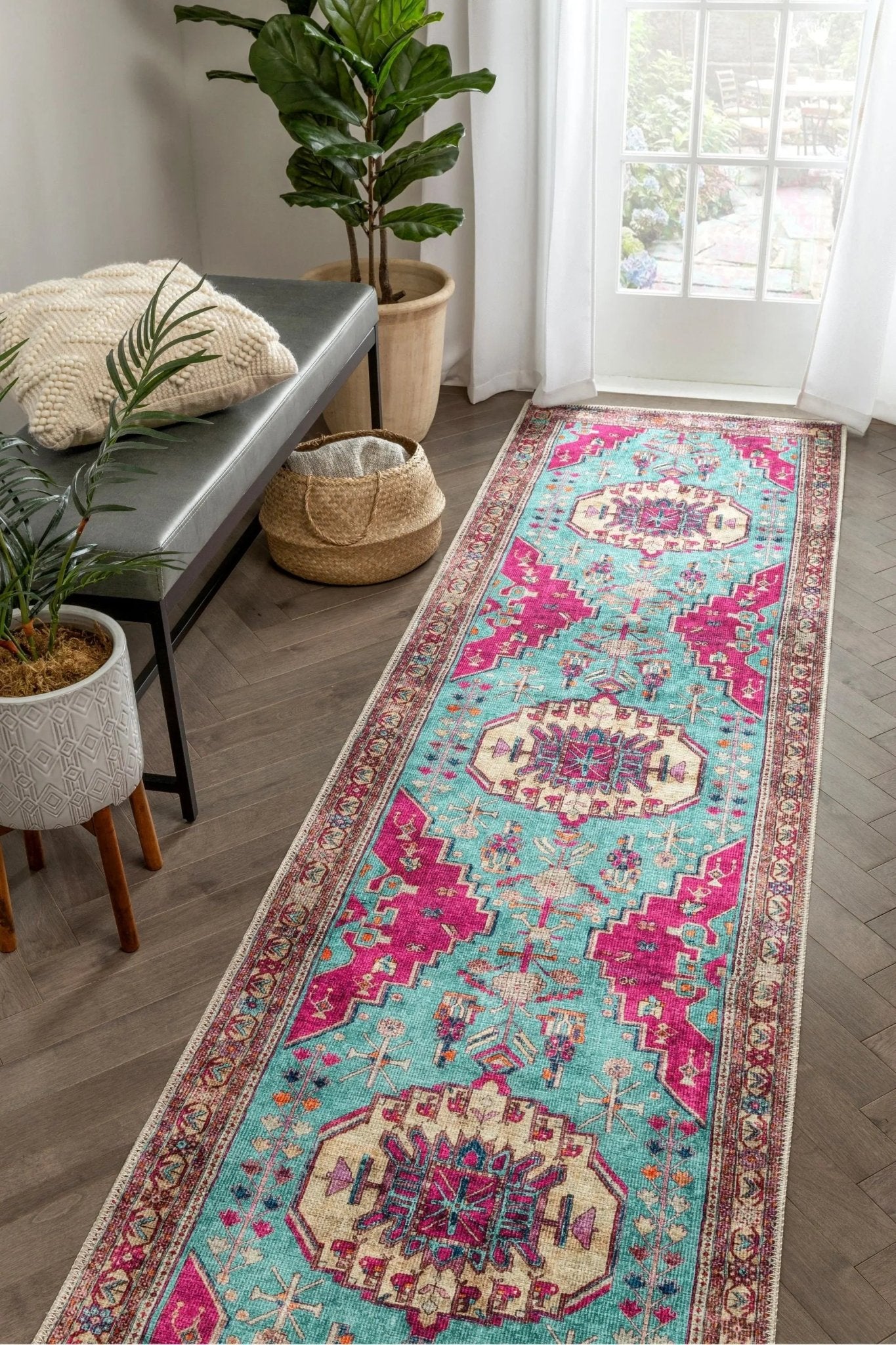 Shasta Machine Washable Vintage Bohemian Medallion Persian Blush Turquoise Flat-Weave Distressed Rug Well Woven