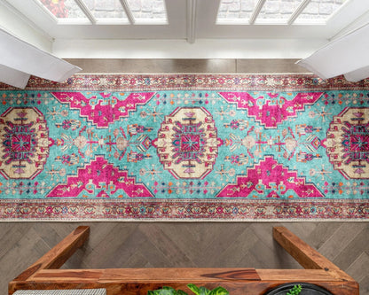 Shasta Machine Washable Vintage Bohemian Medallion Persian Blush Turquoise Flat-Weave Distressed Rug Well Woven