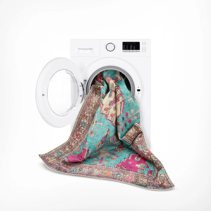 Shasta Machine Washable Vintage Bohemian Medallion Persian Blush Turquoise Flat-Weave Distressed Rug Well Woven