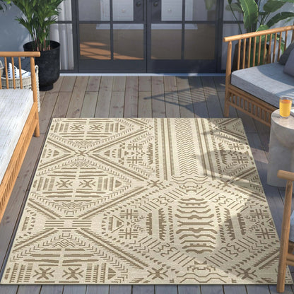 Khalo Tribal Indoor/Outdoor Beige Flat-Weave 5'3" x 7'3" Rug Well Woven