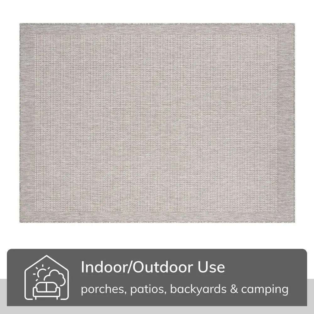 Odin Solid & Striped Border Indoor Outdoor Grey Ivory Flatweave Rug Well Woven